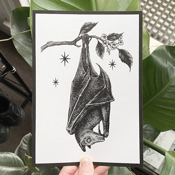 bat on blossom branch art print | dotwork illustration | floral tattoo print | blackwork