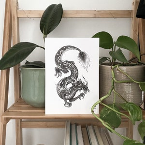 traditional japanese dragon art print | dotwork illustration | tattoo print | floral art | blackwork