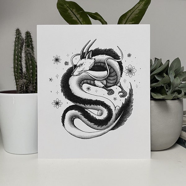 spirited away dragon art print | haku | dotwork illustration | studio ghibli | anime | wall art