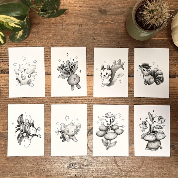 pokemon mini art prints | dotwork drawing | growlithe | turtwig | eevee | oddish | poliwag