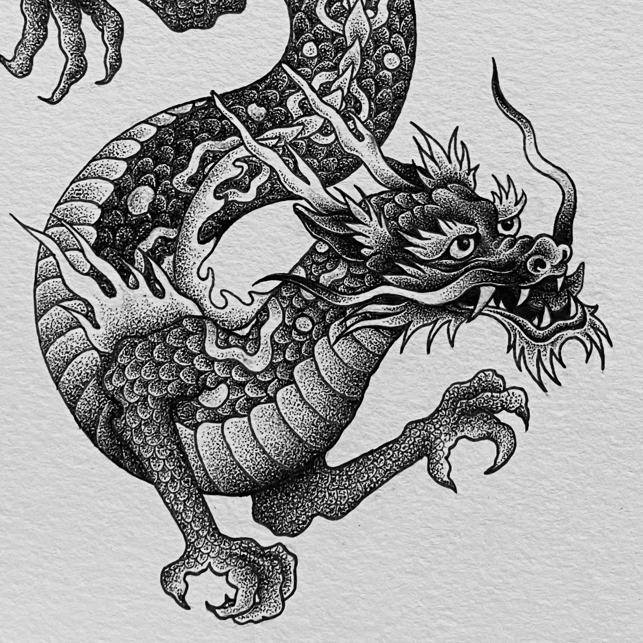 Traditional Japanese Dragon Art Print Dotwork Illustration Etsy