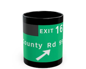 County Rd 99 Highway Exit Sign Mug | Black Ceramic Coffee Mug