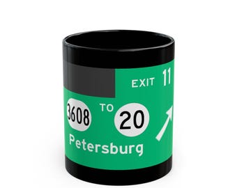 Petersburg Highway Exit Sign Mug | Black Ceramic Coffee Cup