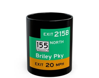 Briley Pkwy Exit 215B Road Sign Mug | Black Ceramic Coffee Cup