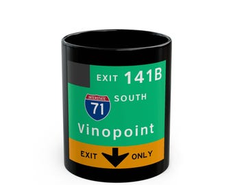 Vinopoint Highway Exit 141B Road Sign Mug | Black Ceramic Coffee Mug
