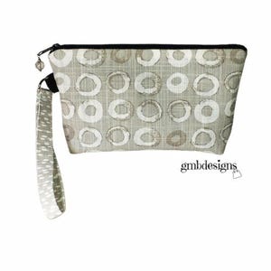 Wristlet Clutch, Gray/White Fabric Purse, Outdoor Fabrics Beach/Poolside Wristlet Pouch, Makeup Bag, Phone Wristlet, Small Carry All Bag