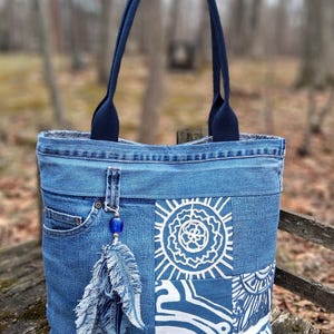 Upcycled Denim and Embroidered Patchwork Statement Tote, Boho Blue & White Shoulder Bag