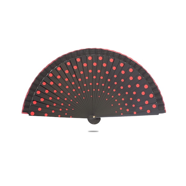 Ole Ole Flamenco Spanish Polka Dot Black Hand Fan 8 inches 21 cm Made of Wood Two Sides Painted Abanicos Españoles Lunares Red dots
