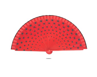 Ole Ole Flamenco Spanish Polka Dot Red Hand Fan 8 inches 21 cm Made of Wood Two Sides Painted Abanicos Españoles Lunares Black Dots