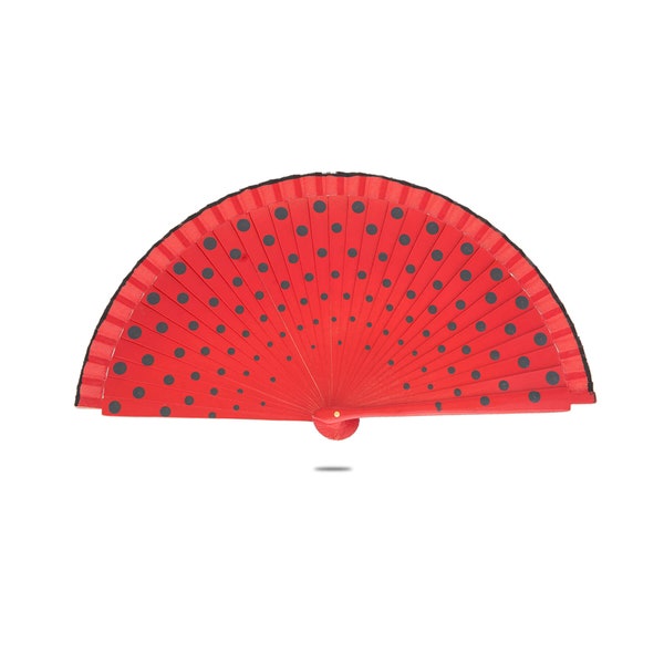 Ole Ole Flamenco Spanish Polka Dot Red Hand Fan 8 inches 21 cm Made of Wood Two Sides Painted Abanicos Españoles Lunares Black Dots