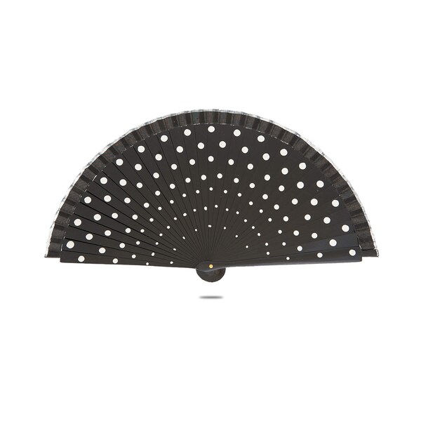 Ole Ole Flamenco Spanish Polka Dot Black Hand Fan 8 inches 21 cm Made of Wood Two Sides Painted Abanicos Españoles Lunares White dots