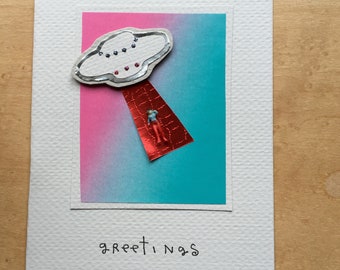 gegrüßt!  UFO fliegende Untertasse Raumschiff Grußkarte m oder w angeben