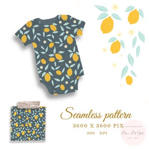 Könnte beinhalten: Ein kurzärmeliger Baby-Body mit einem Muster aus gelben Zitronen, hellblauen Blättern und kleinen weißen Blüten auf einem dunkelblauen Hintergrund. Das Bild zeigt auch ein Musterstück und die Worte "Seamless pattern".