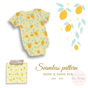 Könnte beinhalten: Ein gelber Baby-Body mit Zitronenmuster. Das Design zeigt gelbe Zitronen, hellblaue Blätter und kleine weiße Blüten auf gelbem Hintergrund. Das Bild enthält auch ein Stoffmuster mit dem gleichen Muster und den Worten "Seamless pattern".