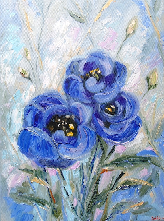 Blue Flower Painting Original Art 12 by 16 Texas Etsy