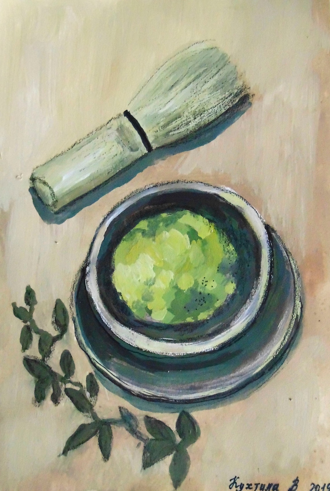 Matcha Tea Painting Original Art 5 by 7 Japan | Etsy