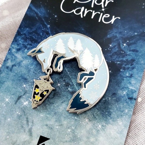 Winter Fox Star Carrier Enamel Pin Glow in the Dark Animal with Lantern Stars Gold Silver Fox Cute Fantasy Forest Kawaii Accessory Collector
