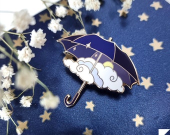 Gold Night Umbrella Enamel Pin: Black Clouds, Moon & Stars
