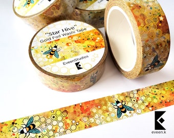 Star Hive Gold Foil Washi Tape: Bumble Bee, Honeycomb, Insect Decorative Sticker