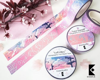Holographic Lofi Girl Washi Tape: Silver Foil, Stars & Sunset
