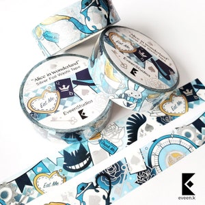 Alice au pays des merveilles, ruban adhésif Washi, autocollant décoratif pour scrapbooking, agenda Bullet Journal, lapin blanc, tea time, chat du Cheshire bleu argenté