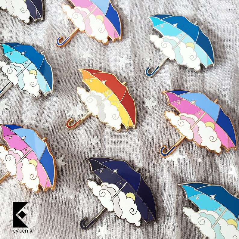 Blue Partly Cloudy Enamel Pin Umbrella Clear Baby Sky Rain Cloud Sun Silver Gold Stars Sparkle Spring Weather Cute Fantasy Kawaii Accessory