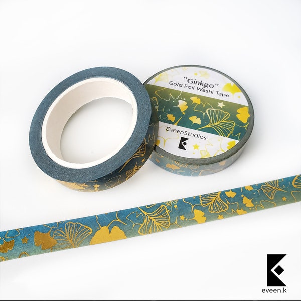 Ginkgo Gold Foil Washi Tape, Decorative Scrapbook Sticker, Bullet Journal Planner, Green nature gingko, Happy Cute Kawaii Japanese Leaves