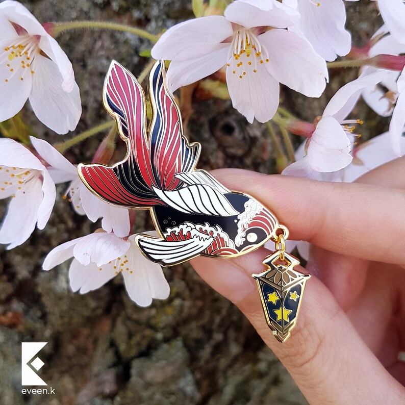 Star Carrier Koi Fish Enamel Pin: Glow in Dark Lantern, Gold Plating Gold Fish
