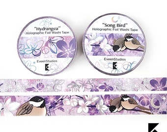 Song Bird Hydrangea Washi Tape: Silver Holographic Foil, Lavender Purple Flowers