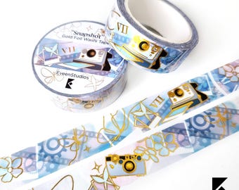 Gold Foil Washi Tape: Retro Vintage Polaroid Camera, Butterfly, Floral Scrapbook Sticker