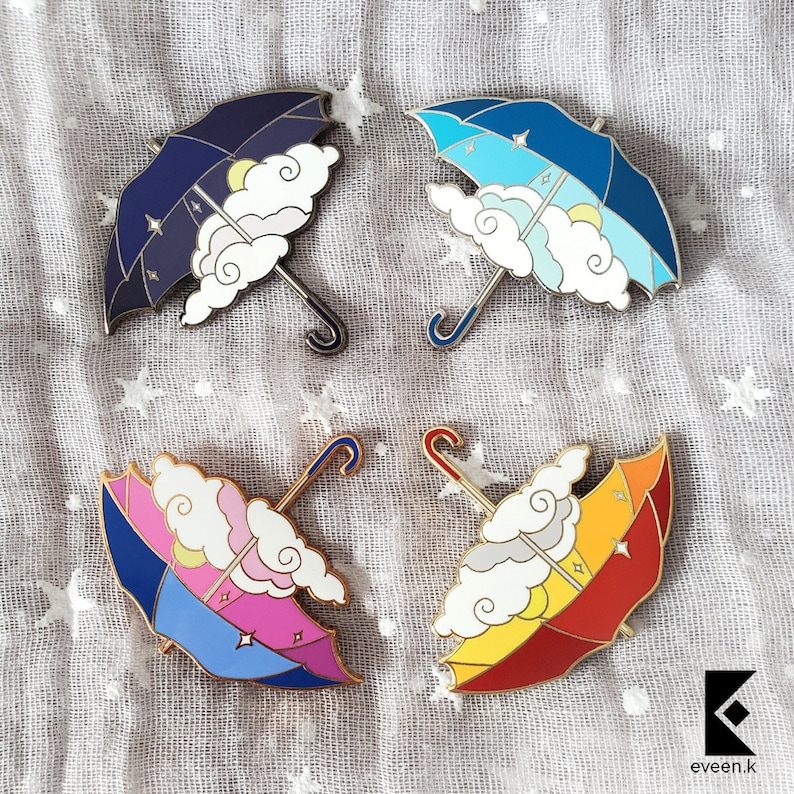 Blue Partly Cloudy Enamel Pin Umbrella Clear Baby Sky Rain Cloud Sun Silver Gold Stars Sparkle Spring Weather Cute Fantasy Kawaii Accessory
