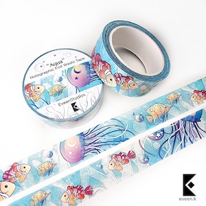 Aqua Sea Creature Gold Foil Washi Tape. Papelaria japonesa decorativa. Peixe-palhaço, água-viva, Yellow Tang Scrapbook Bullet Journal Planner