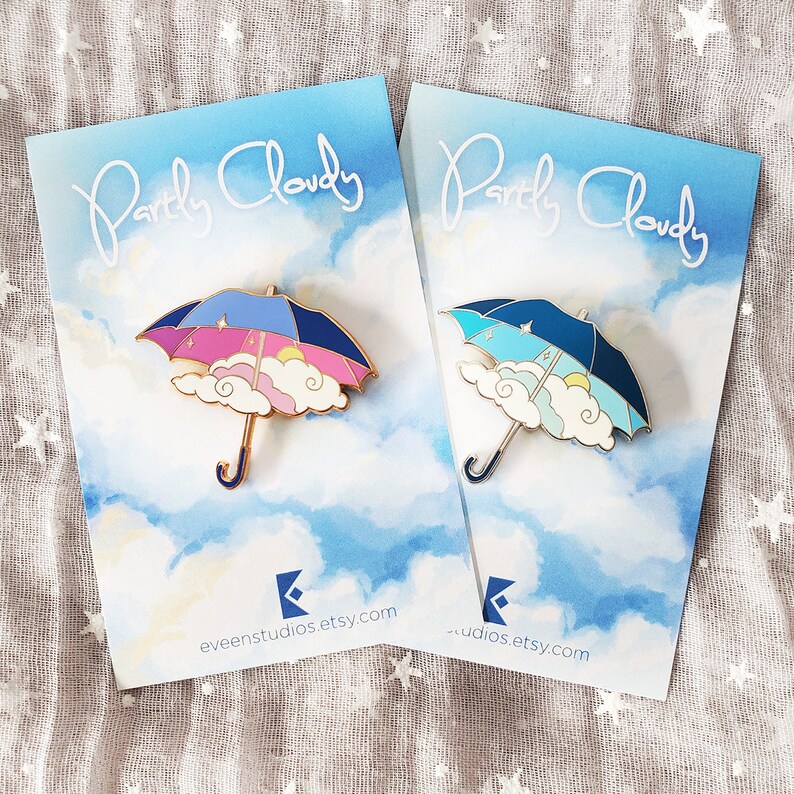 Blue Partly Cloudy Enamel Pin Umbrella Clear Baby Sky Rain Cloud Sun Silver Gold Stars Sparkle Spring Weather Cute Fantasy Kawaii Accessory