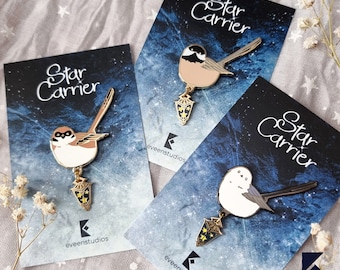 Chickadee, Sparrow and Snow Fairy Bird Star Carrier Enamel Pin: Glow-in-the-Dark Lantern Accessory