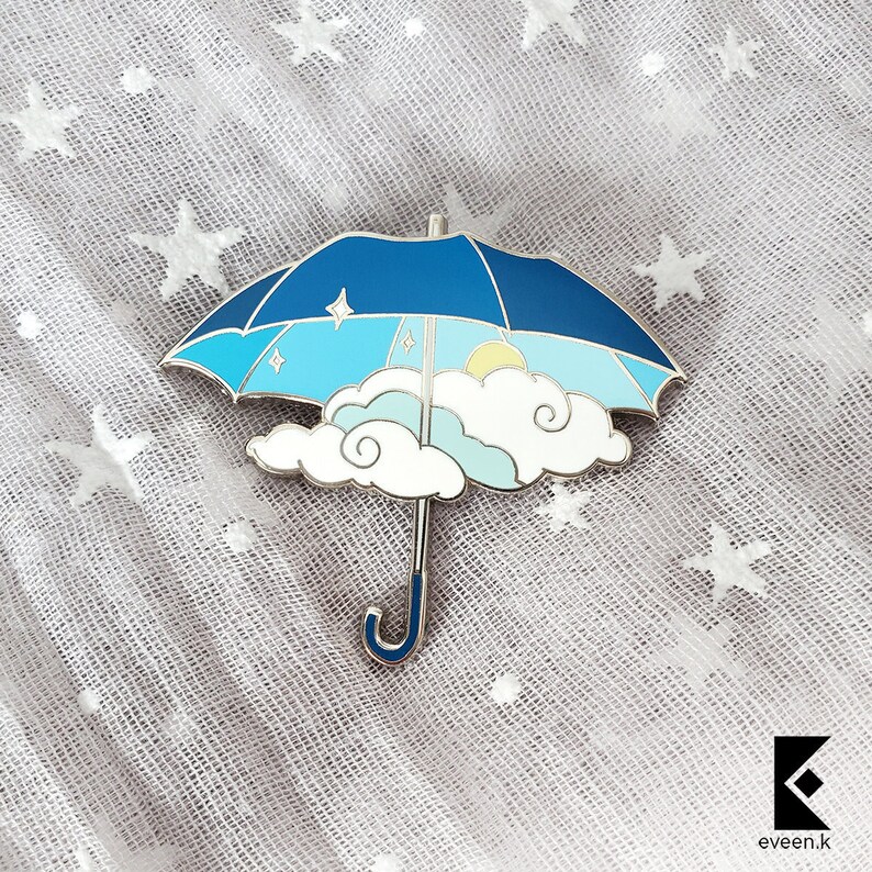 Blue Partly Cloudy Enamel Pin Umbrella Clear Baby Sky Rain Cloud Sun Silver Gold Stars Sparkle Spring Weather Cute Fantasy Kawaii Accessory