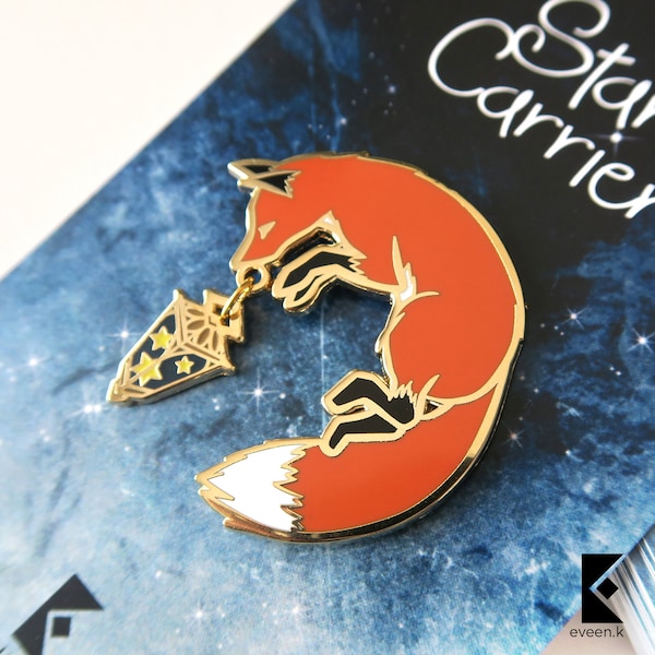 Glow-in-the-Dark Fox Star Carrier Pin. Gold/Silver Fox, Fantasy Animal, Lantern