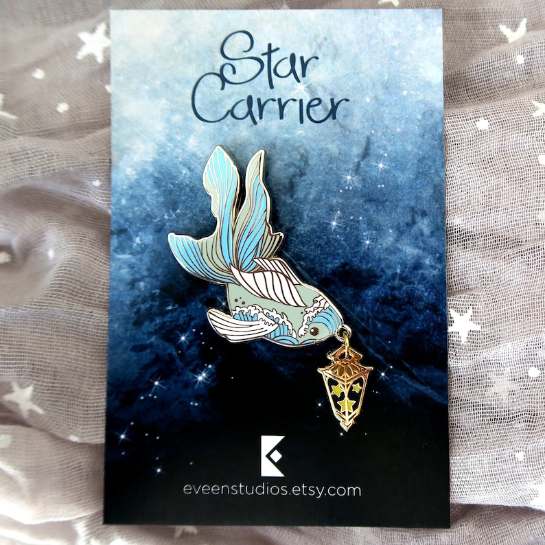 Star Carrier Koi Fish Enamel Pin: Glow in Dark Lantern, Gold Plating Silver Fish