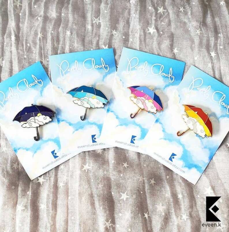 Blue Partly Cloudy Enamel Pin Umbrella Clear Baby Sky Rain Cloud Sun Silver Gold Stars Sparkle Spring Weather Cute Fantasy Kawaii Accessory