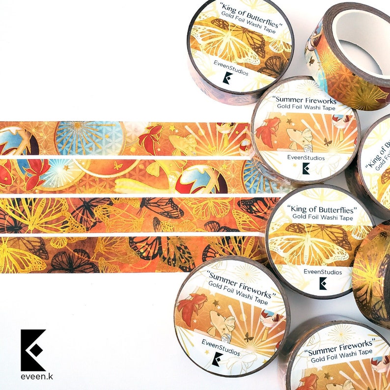 Yoimiya Genshin Gold Foil Washi Tape Orange Monarch Butterfly Decorative Scrapbook Sticker Bullet Journal Planner Clockwork Fantasy Goldfish Both Washi