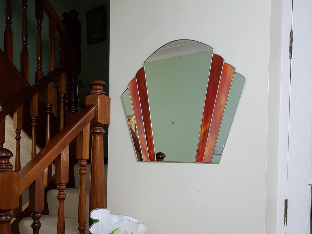 Art Deco Fan Mirror1930s Vintage Styleorange Stained Glass Etsy