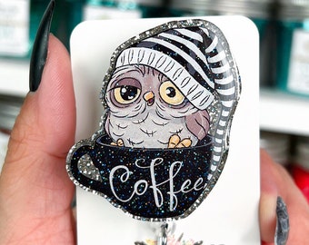 Portatarjetas giratorio Coffee Owl Glitter, identificación de enfermera intercambiable