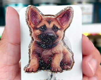 German Shepherd Glitter Badge Reel: Dog Lover ID Holder
