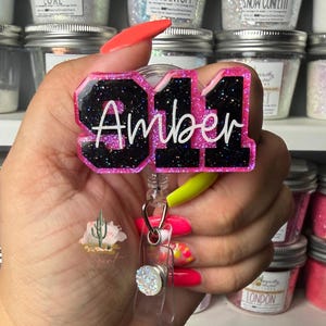 Personalized 911 Badge Reel | Custom Glitter Dispatcher ID Holder, EMS Gift