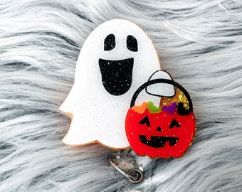 Ghost Pumpkin Candy Bucket Badge Reel | Spooky Halloween ID Holder