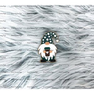 May include: A green and white gnome holding a coffee cup with a heart on it. The gnome has a white beard and a white hat with black polka dots.
