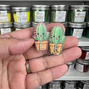 May include: Two cactus-shaped pins, one with an "L" and the other with an "R" in a pot. The pins are green with glitter accents and smiling faces. The background shows jars of glitter.