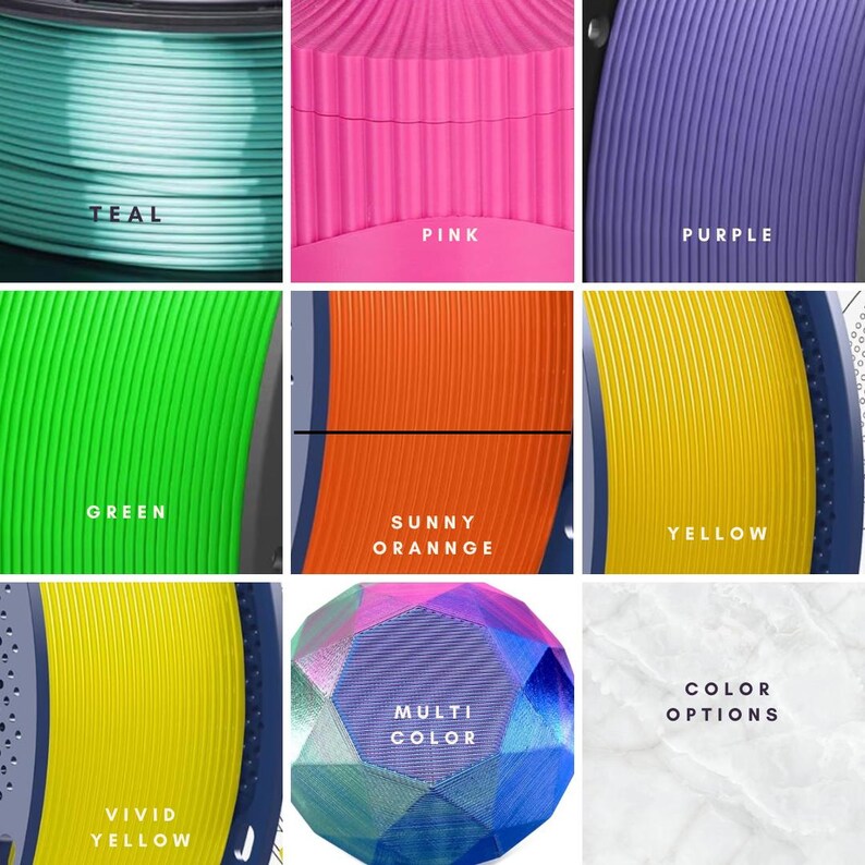 May include: A collection of colorful 3D printing filament spools. Colors include teal, pink, purple, green, sunny orange, yellow, vivid yellow, multi-color, and color options. Each spool is labeled with its respective color name.