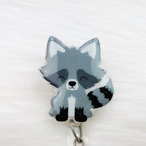 Raccoon Badge Reel: Glitter Animal Retractable ID Holder