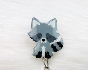 Raccoon Badge Reel: Glitter Animal Retractable ID Holder