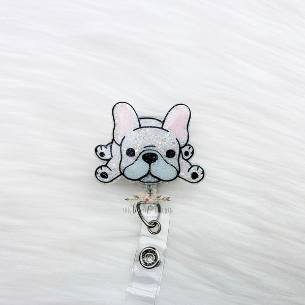 Porta-crachá retrátil com glitter para Bulldog Francês, porta-identificação para cães.